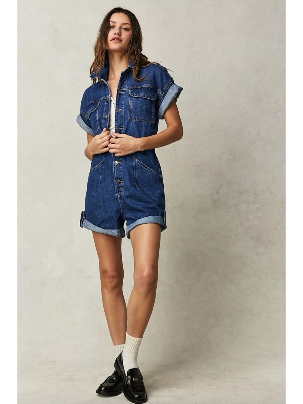 We The Free Free People Marci Sapphire Blue Denim Cuffed Coveralls, Size Large
